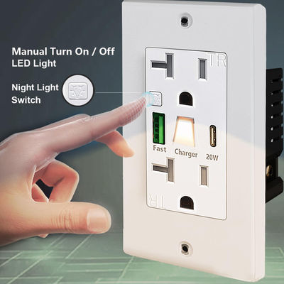 20A 125V Double Switched Socket with Outlet USB and Type C Night Light