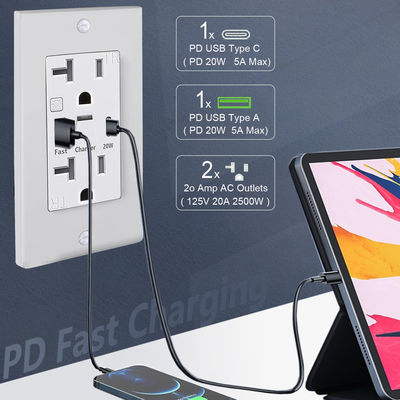 20A 125V USB Type C Wall Outlet Night Light Power Delivery Fast Charger